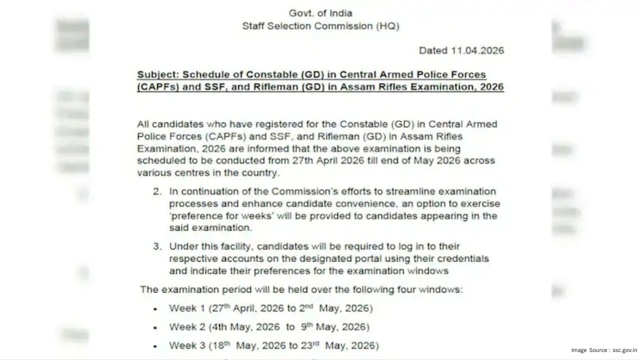 SSC Releases GD Constable Exam Schedule 2026, Candidates Asked to Choose Preferred Exam Weeks